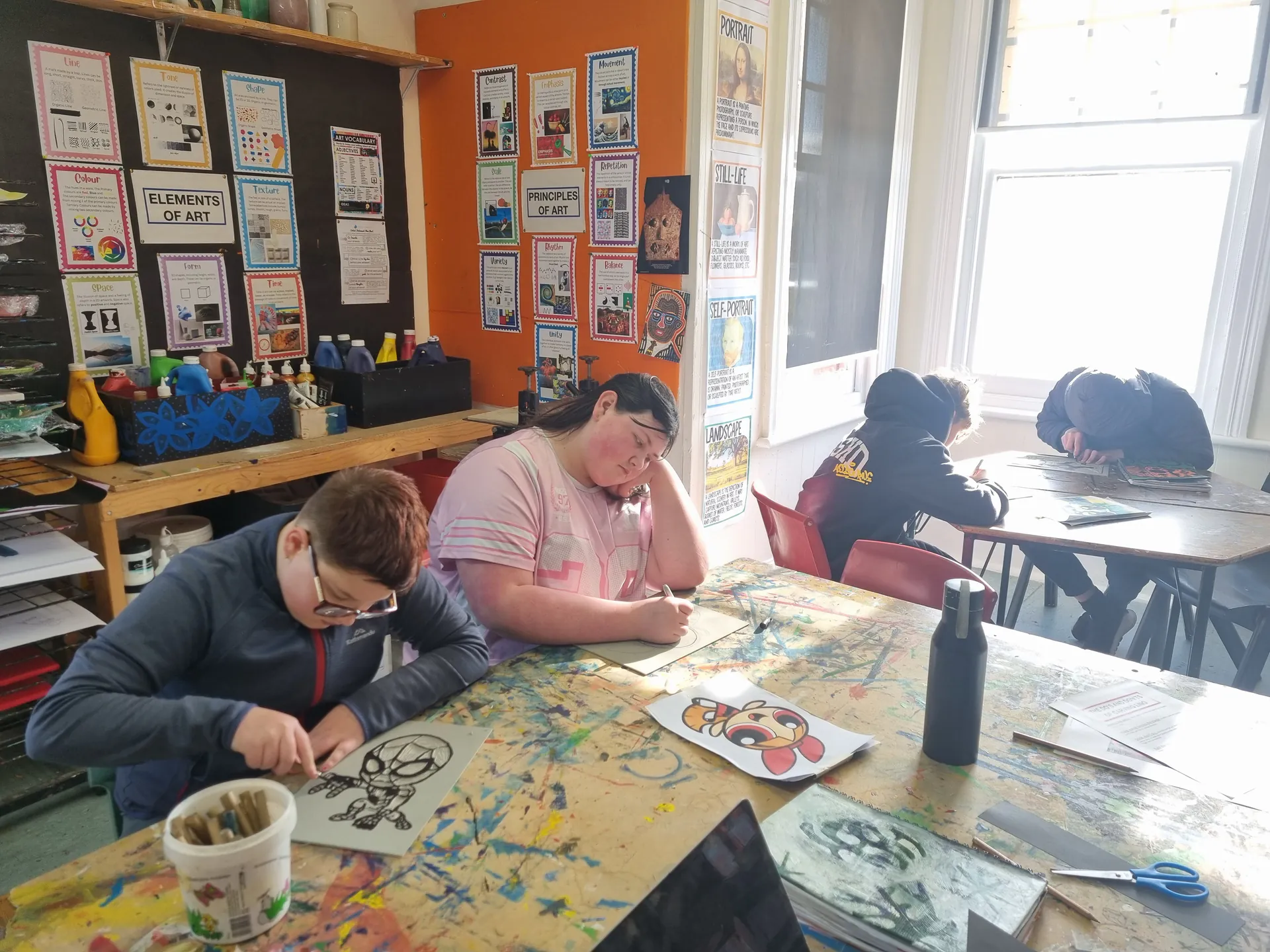 Year 7 students drawing in the art classroom